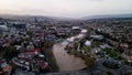 Aerial view of center of Tbilisi, bridge of peace over river Kura