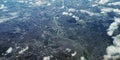 Aerial view of Central London with skyscrappers, Westminster buildings, stadiums and Thames river