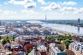 Aerial view of central market, Daugava river and TV tower, Riga,