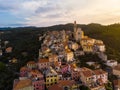 Aerial view Cervo medieval town on the mediterranean coast, Liguria riviera, Italy, with the beautiful baroque church and tower be