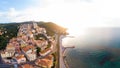 Aerial view Cervo medieval town on the mediterranean coast, Liguria riviera, Italy, with the beautiful baroque church and tower be