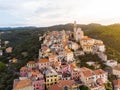 Aerial view Cervo medieval town on the mediterranean coast, Liguria riviera, Italy, with the beautiful baroque church and tower be