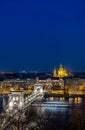 Aerial view of the Chain Bridge over the Danube River in Budapest in the evening. Royalty Free Stock Photo