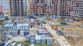 Aerial view of change houses for workers at construcrion area with concrete and construction materials