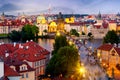 Aerial view of Charles Bridge, old town and Zizkov TV Tower in Prague, Czech Republic during sunset time. World famous landmarks