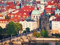 Aerial view of Charles Bridge over Vltava River and Old city in Prague Royalty Free Stock Photo