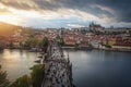 Aerial view of Charles Bridge with Prague Castle Skyline - Prague, Czech Republic Royalty Free Stock Photo