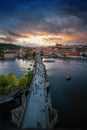 Aerial view of Charles Bridge at sunset with Prague Castle Skyline - Prague, Czech Republic Royalty Free Stock Photo