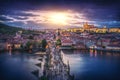 Aerial view of Charles Bridge at sunset with Prague Castle Skyline - Prague, Czech Republic Royalty Free Stock Photo