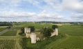 Aerial view Chateau de Budos and wheat field in summer