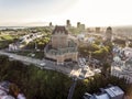 Aerial helicopter view of Chateau Frontenac hotel and Old Port in Quebec City Canada. Royalty Free Stock Photo