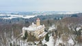 Aerial view of chateau Konopiste in the winter time, castle and the pond are covered with snow, Czech republic Royalty Free Stock Photo
