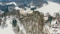 Aerial view of chateau Konopiste in the winter time, castle and the pond are covered with snow, Czech republic Royalty Free Stock Photo