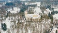 Aerial view of chateau Konopiste in the winter time, castle and the pond are covered with snow, Czech republic Royalty Free Stock Photo