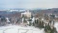 Aerial view of chateau Konopiste in the winter time, castle and the pond are covered with snow, Czech republic Royalty Free Stock Photo