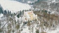 Aerial view of chateau Konopiste in the winter time, castle and the pond are covered with snow, Czech republic Royalty Free Stock Photo