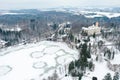 Aerial view of chateau Konopiste in the winter time, castle and the pond are covered with snow, Czech republic Royalty Free Stock Photo