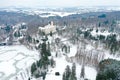 Aerial view of chateau Konopiste in the winter time, castle and the pond are covered with snow, Czech republic Royalty Free Stock Photo