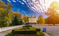 Aerial view chateau Orlik, above Orlik reservoir in beautiful autumn nature. Romantic royal Schwarzenberg castle above water level