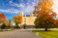 Aerial view chateau Orlik, above Orlik reservoir in beautiful autumn nature. Romantic royal Schwarzenberg castle above water level