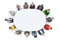 Aerial View Cheerful People Looking Up Conference Table