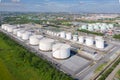 Aerial view of Chemical industry storage tank and tanker truck In wailting in Industrial Plant to tranfer oil to gas station Royalty Free Stock Photo