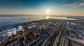 Aerial view of Chemical plant at sunset, oil refining, smoke, pipes, ecology pollution, air infection, coast of sea in