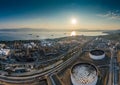 Aerial view of Chemical plant at sunset, oil refining, smoke, pipes, ecology pollution, air infection, coast of sea in