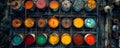 Aerial view of chemical storage facility with variety of colorful storage tanks tightly arranged. Intricate network of Royalty Free Stock Photo