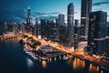 Aerial view of Chicago downtown skyline at night, Illinois, USA, Chicago skyline aerial drone view from above, AI Generated Royalty Free Stock Photo