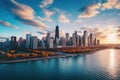 Aerial view of Chicago downtown skyline at sunset, Illinois, USA, Chicago skyline aerial drone view from above, AI Generated Royalty Free Stock Photo