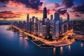 Aerial view of Chicago downtown skyline at sunset, Illinois, USA, Chicago skyline aerial drone view from above, AI Generated Royalty Free Stock Photo