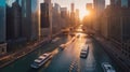 Aerial view of Chicago downtown skyline at sunset, Illinois, USA. Generative AI Royalty Free Stock Photo