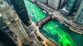 Aerial view of Chicago river dye celebrating St. Patrick's day, United States. Generative AI Royalty Free Stock Photo