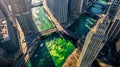 Aerial view of Chicago river dye celebrating St. Patrick's day, United States. Generative AI Royalty Free Stock Photo