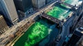 Aerial view of Chicago river dye celebrating St. Patrick's day, United States. Generative AI Royalty Free Stock Photo