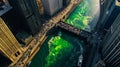 Aerial view of Chicago river dye celebrating St. Patrick's day, United States. Generative AI Royalty Free Stock Photo