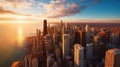Aerial view of Chicago skyline at sunset, Illinois, USA. Generative AI Royalty Free Stock Photo