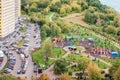 Aerial view children sport activity outdoors and apartment building multi-family residential district area development Royalty Free Stock Photo