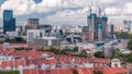 Aerial view of Chinatown with red roofs and Central Business District skyscrapers timelapse, Singapore Royalty Free Stock Photo