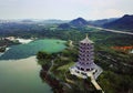 Aerial view of Chinese park with lotus flower lake Royalty Free Stock Photo