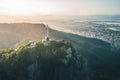 Aerial view of Christ the Redeemer Statue on top of Corcovado Mountain and downtown Rio - Rio de Janeiro, Brazil Royalty Free Stock Photo