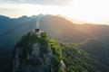 Aerial view of Christ the Redeemer Statue on top of Corcovado Mountain at sunset - Rio de Janeiro, Brazil Royalty Free Stock Photo