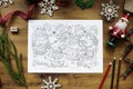 Aerial view of Christmas drawing coloring book