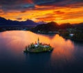 Aerial view of church of Assumption in Lake Bled, Slovenia Royalty Free Stock Photo