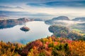 Aerial view of church of Assumption of Maria on the Bled lake. Foggy autumn landscape in Julian Alps, Slovenia, Europe. Beauty of Royalty Free Stock Photo