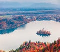 Aerial view of church of Assumption of Maria on the Bled lake. Foggy autumn landscape in Julian Alps, Slovenia, Europe. Beauty of Royalty Free Stock Photo