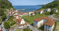 Aerial view Church of Iglesia San Miguel in Tazones Asturias Spain