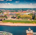 Aerial view from Church of Our Lady Frauenkirche of the Elbe river and Dresden town.