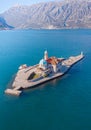 Aerial View of the Church of Our lady of the Rocks in Perast Kotor Bay Montenegro Royalty Free Stock Photo